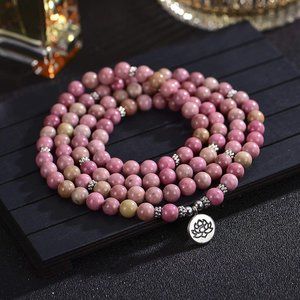 108 Mala Beads 8mm Rhodonite Pink Stone Beaded Bracelet Lotus Charm Necklace